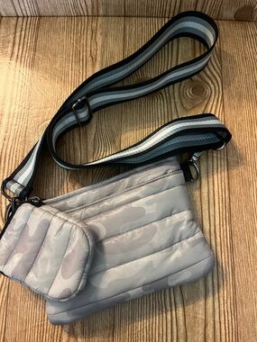 Gray Quilted Crossbody Bag with Striped sport  Strap